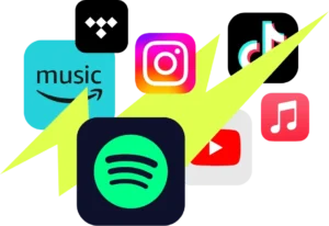 Music promotion concept featuring music subscription service icons and a lightning bolt illustration representing energy and growth